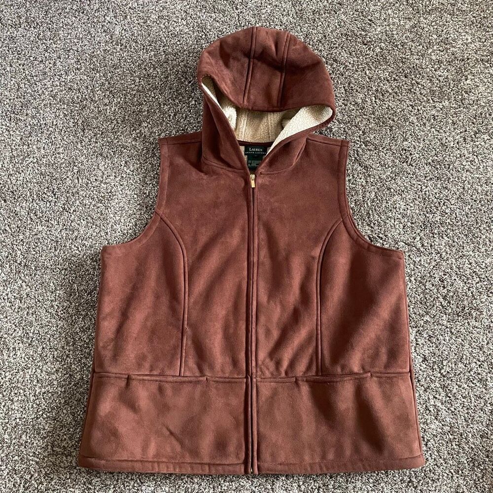 Lauren Ralph Lauren women's size 1X brown faux suede hooded vest sherpa lining